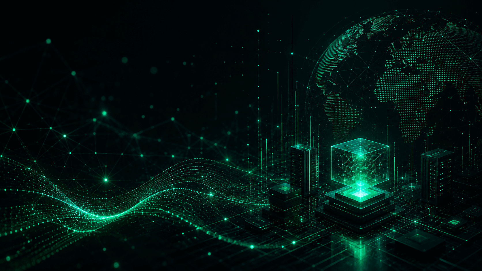 Isometric illustration of a laptop with a robot, AI cube, brain, and media icons on a circuit-board floor