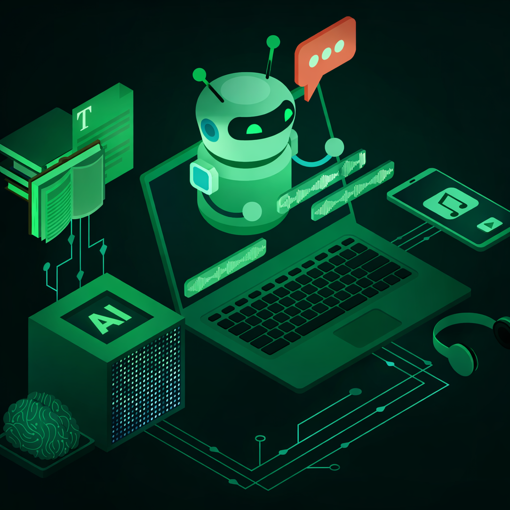 Isometric illustration of a laptop with a robot, AI cube, brain, and media icons on a circuit-board floor
