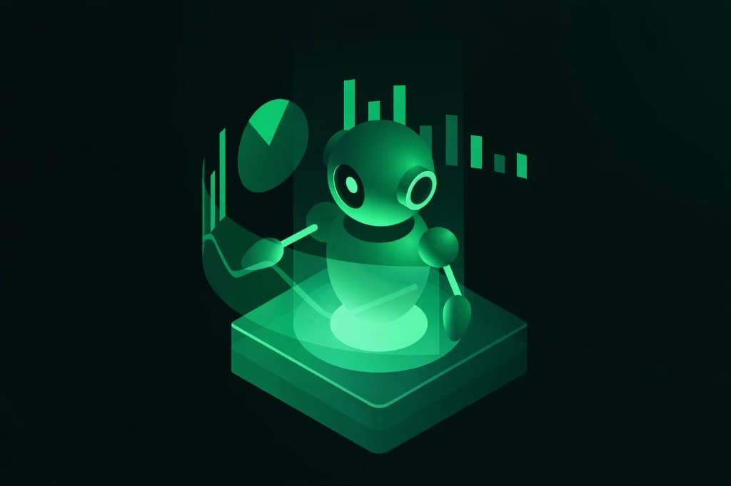 Stylized AI robot on a glowing platform with holographic charts and graphs