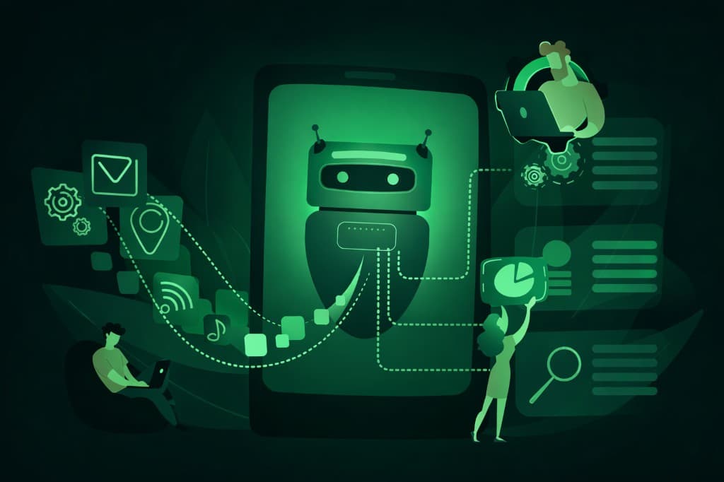 Illustration of a smartphone with an AI robot, people working on laptops, and icons connected by data paths